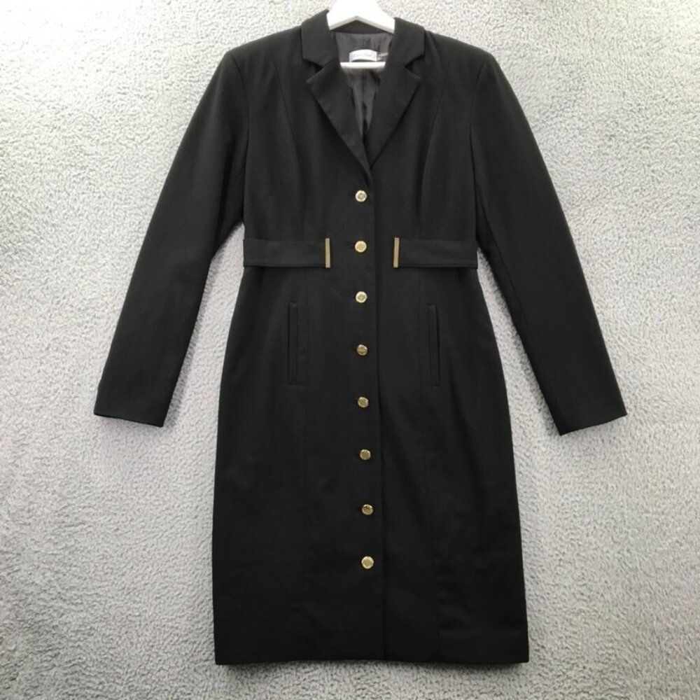 CALVIN KLEIN Womens Size 6 Black Long Sleeve Gold Button Up Coat Sheath Dress‎